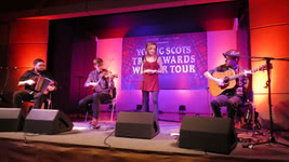 Paddy Callaghan, Charlie Stewart, Iona Fyfe and Luc McNally at the Young Scots Trad Awards Winner Tour in Syke, Germany, on 9 February 2019; photo Roland Wolter